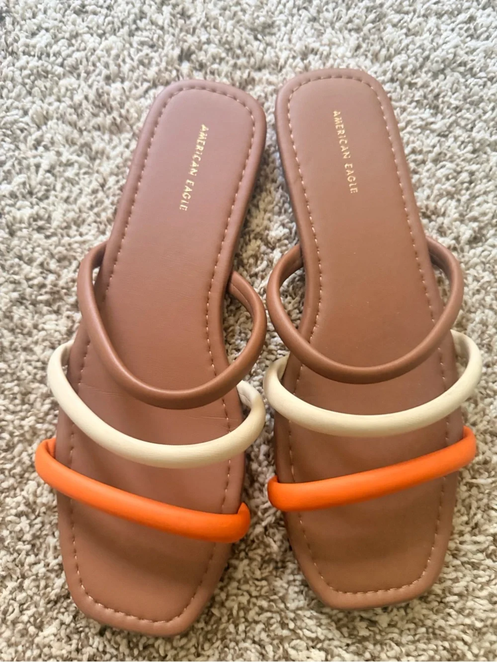 American Eagle Outfitters Brown Slide Sandals with Orange & Cream Straps